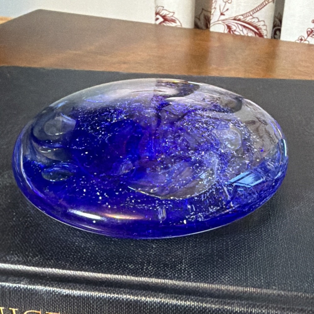 Handmade Art Glass Paperweight Blue Swirl Sparkle Galaxy Saucer Disc Signed